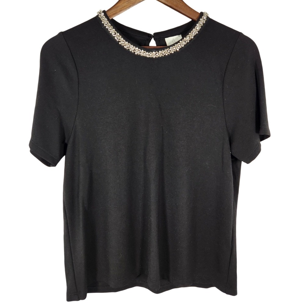 Joie Black Beaded Rhinestone Embellished Short Sleeve T-Shirt Blouse Size Large